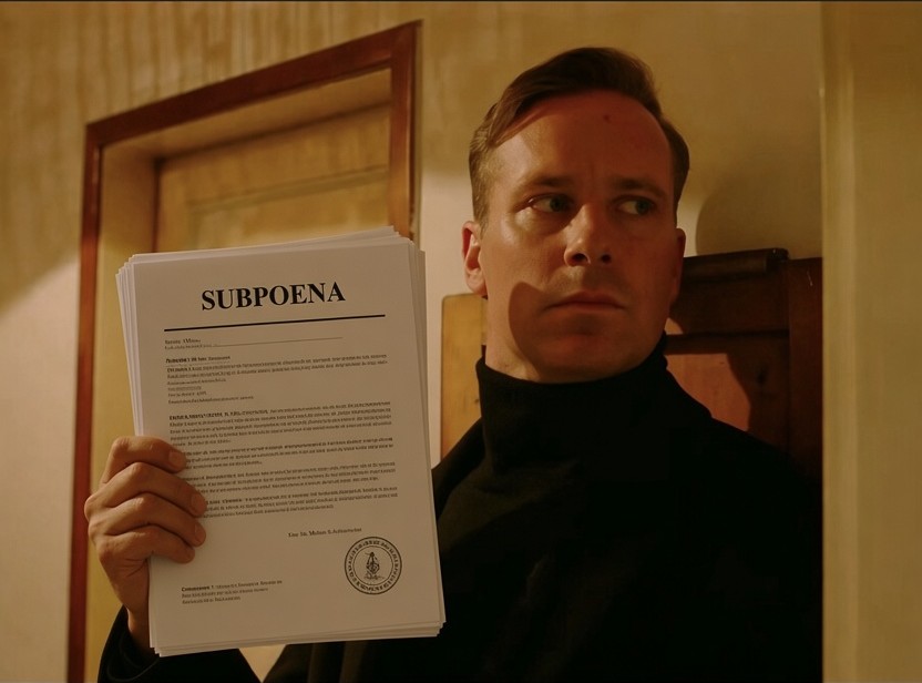 A man in a black turtleneck holding up a stack of subpoena documents
